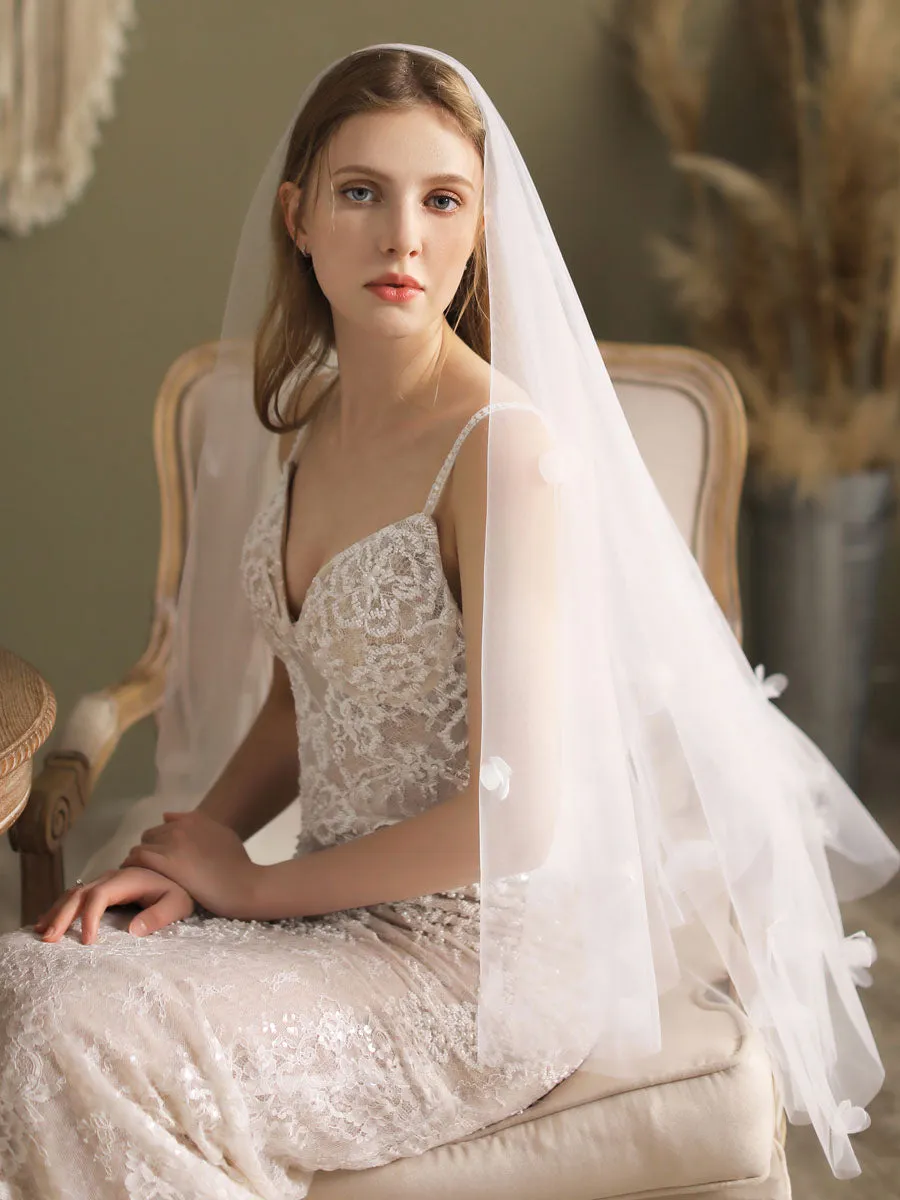 Classic Ivory Two-Tier Flowers Tulle Cut Edge Wedding Veils