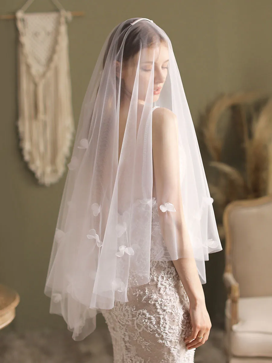 Classic Ivory Two-Tier Flowers Tulle Cut Edge Wedding Veils