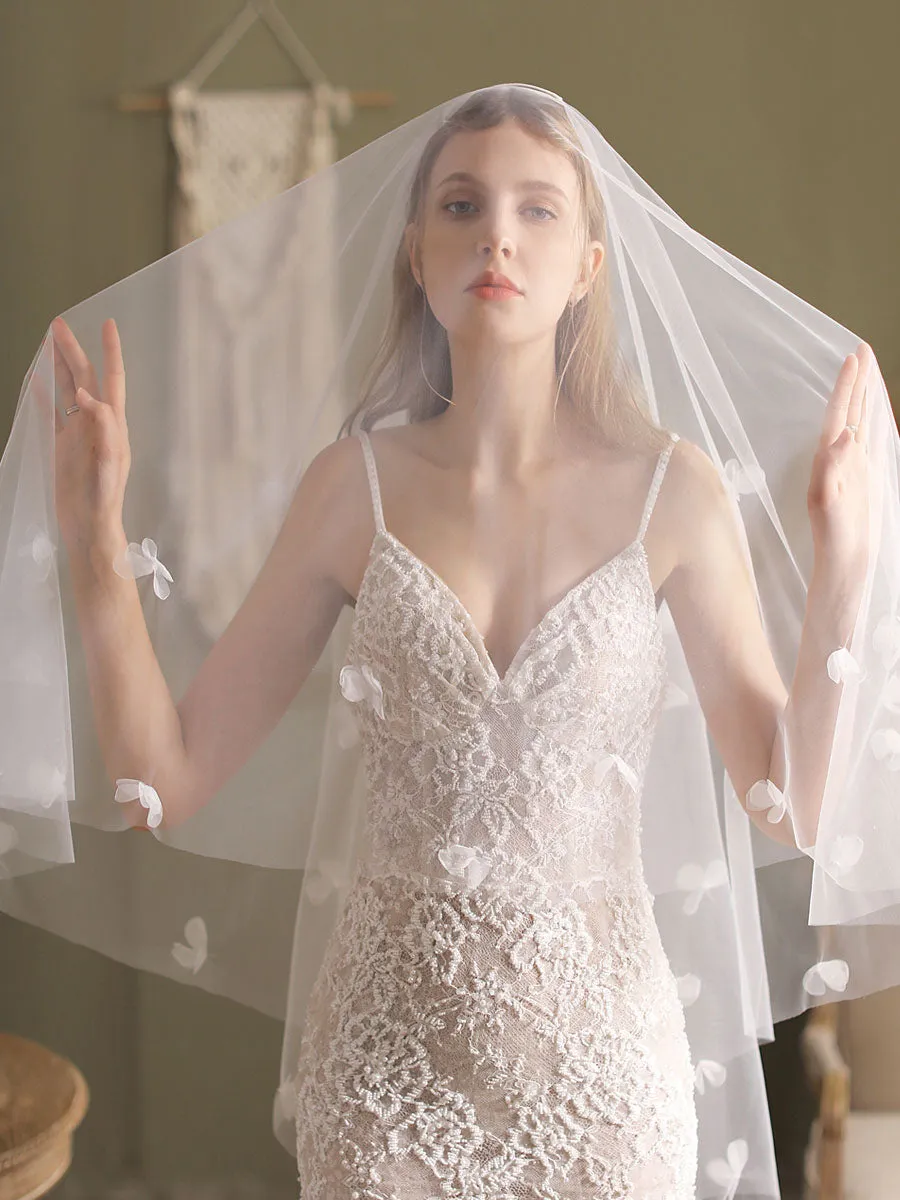 Classic Ivory Two-Tier Flowers Tulle Cut Edge Wedding Veils