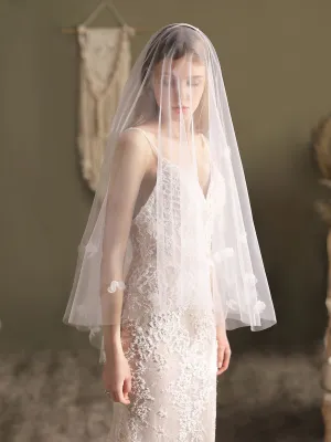 Classic Ivory Two-Tier Flowers Tulle Cut Edge Wedding Veils