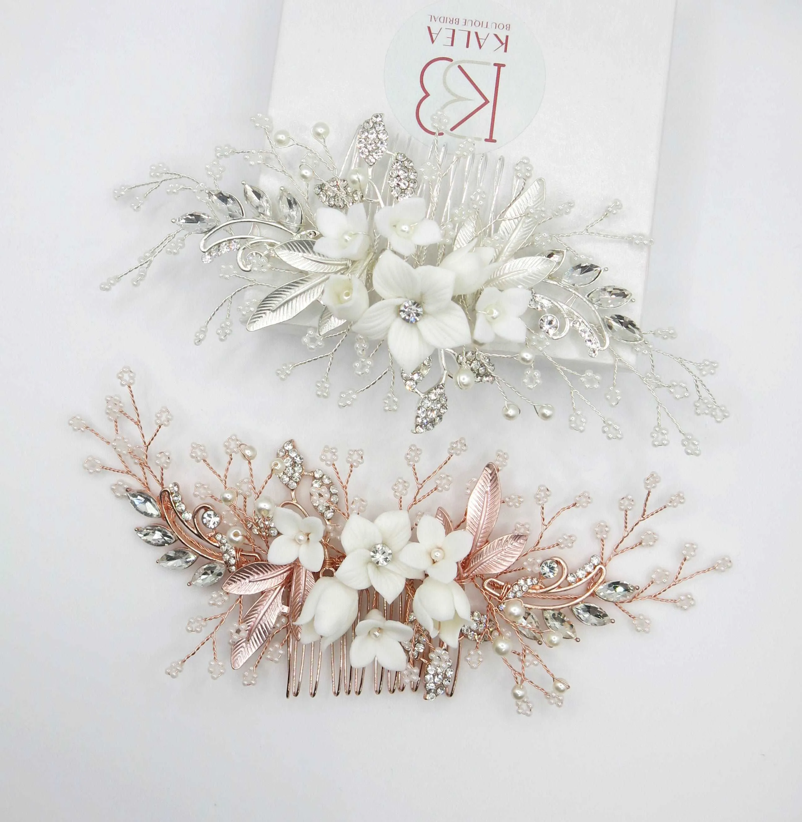 Clay Flower Crystal Bead Hair Comb, Pearl Leaf Bridal Hair Comb, Wedding Ceramic White Flower Hairpiece