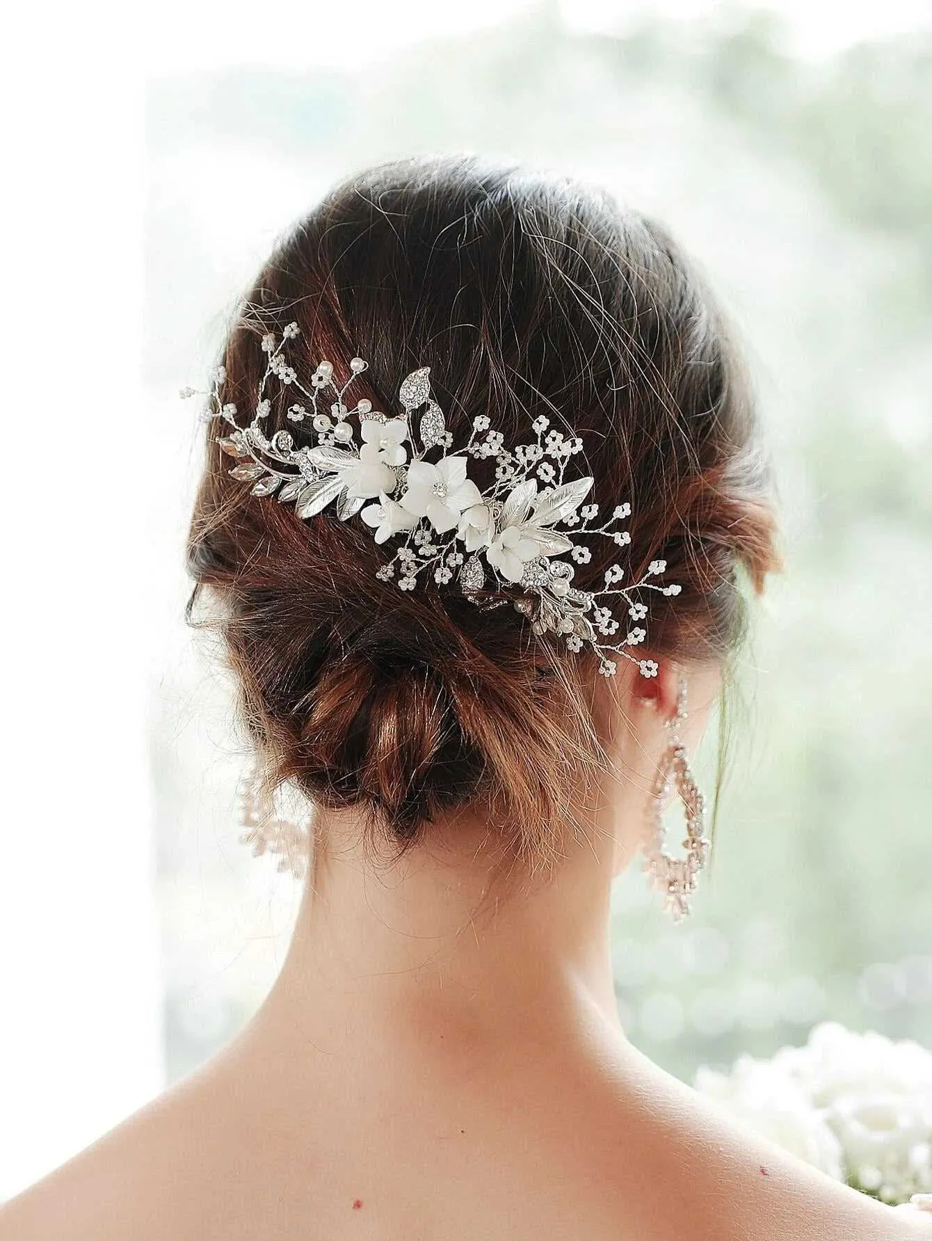 Clay Flower Crystal Bead Hair Comb, Pearl Leaf Bridal Hair Comb, Wedding Ceramic White Flower Hairpiece