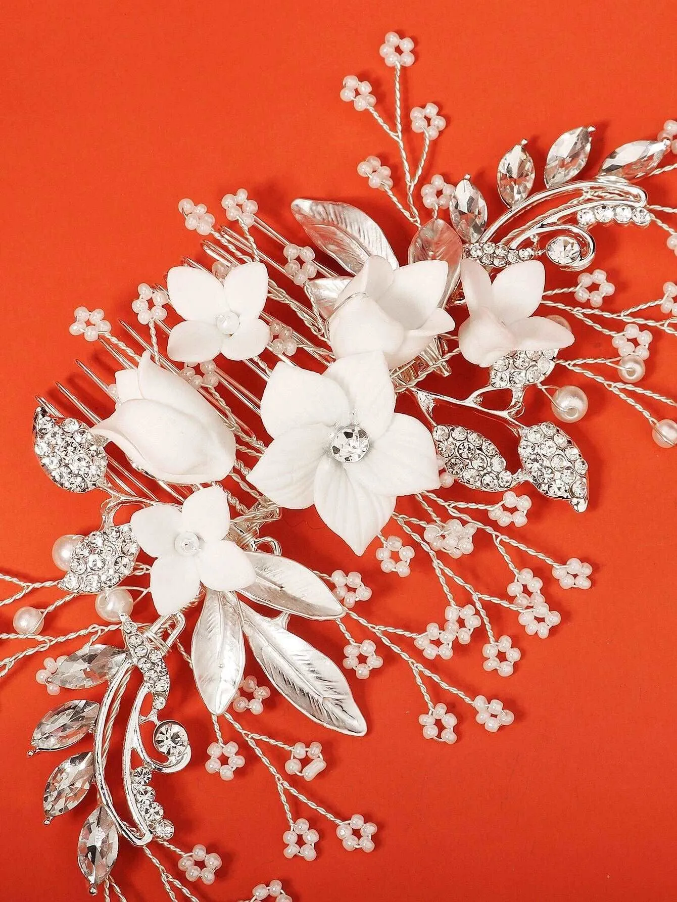 Clay Flower Crystal Bead Hair Comb, Pearl Leaf Bridal Hair Comb, Wedding Ceramic White Flower Hairpiece
