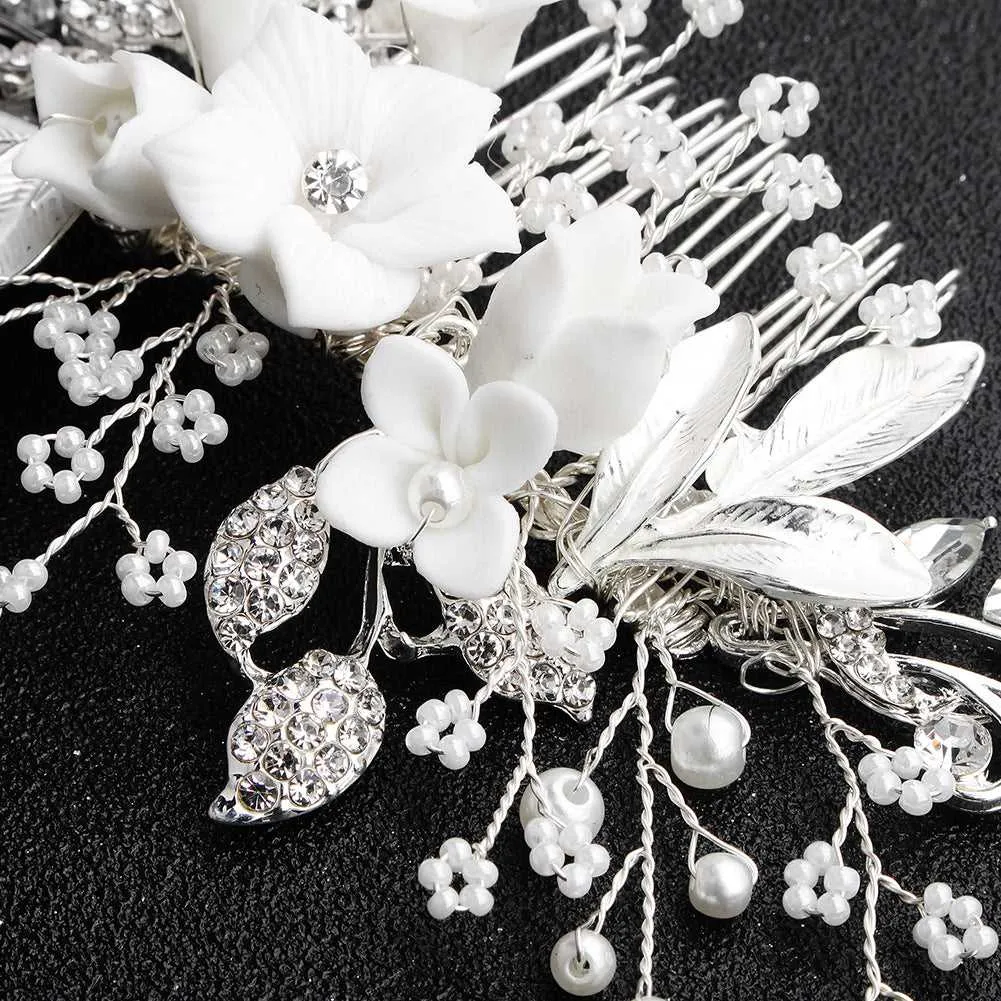 Clay Flower Crystal Bead Hair Comb, Pearl Leaf Bridal Hair Comb, Wedding Ceramic White Flower Hairpiece