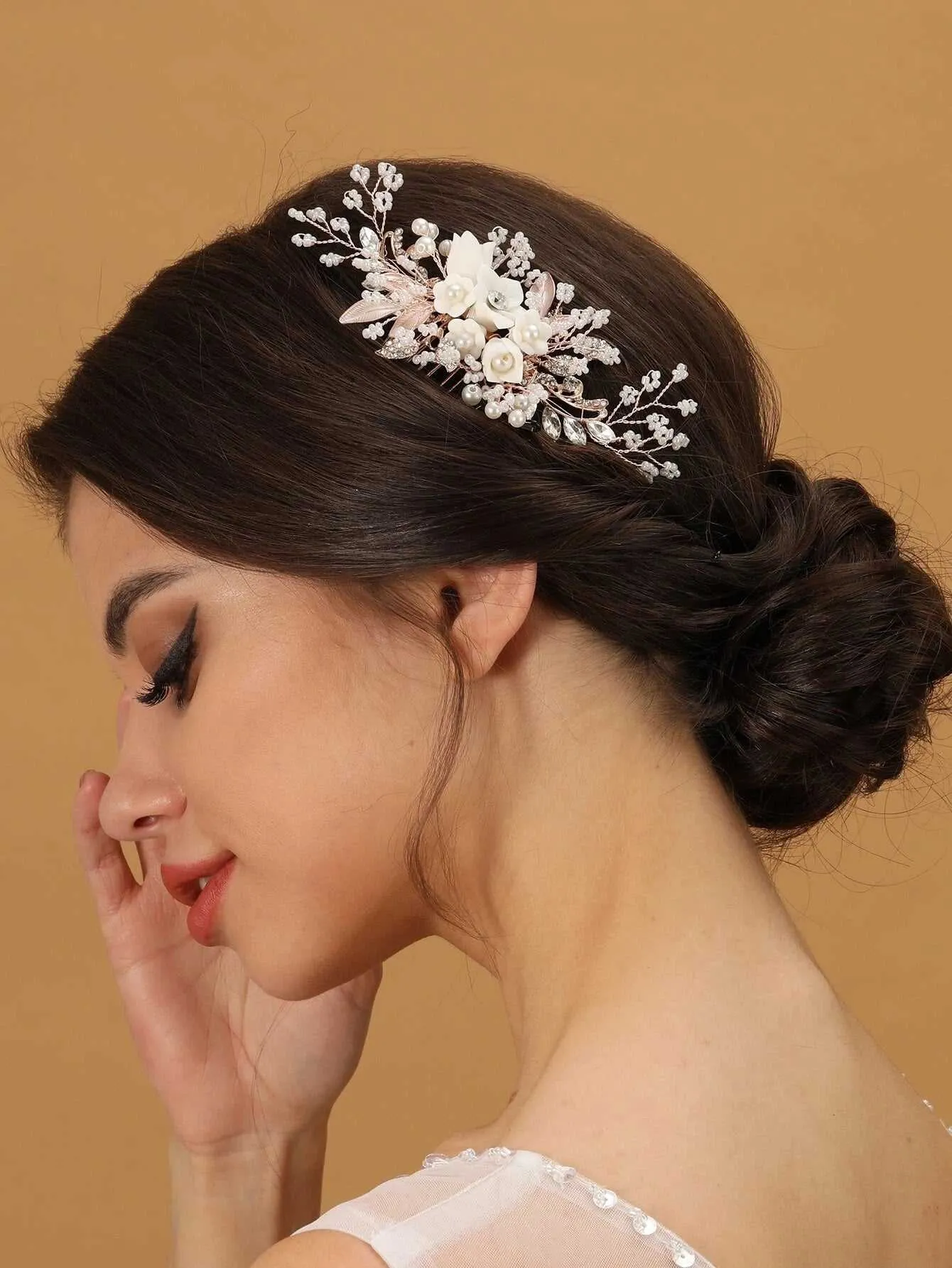 Clay Flower Crystal Bead Hair Comb, Pearl Leaf Bridal Hair Comb, Wedding Ceramic White Flower Hairpiece