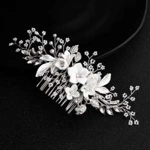 Clay Flower Crystal Bead Hair Comb, Pearl Leaf Bridal Hair Comb, Wedding Ceramic White Flower Hairpiece