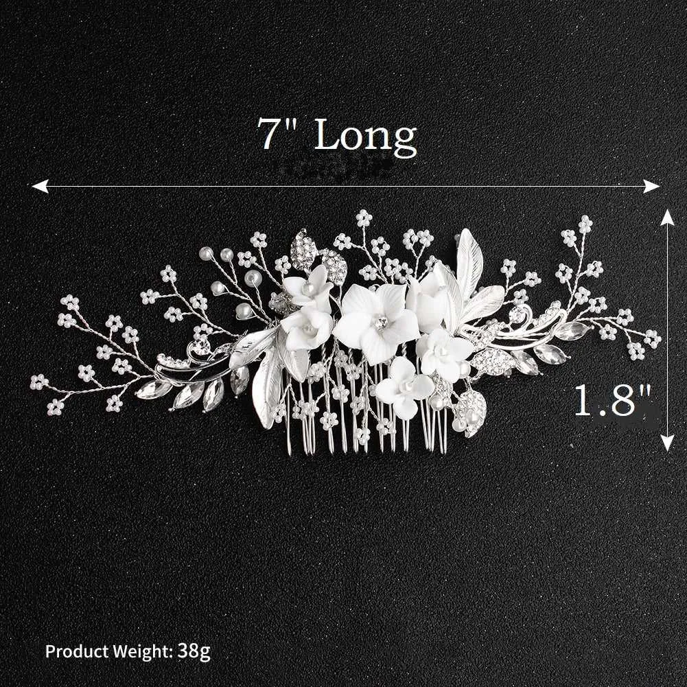 Clay Flower Crystal Bead Hair Comb, Pearl Leaf Bridal Hair Comb, Wedding Ceramic White Flower Hairpiece