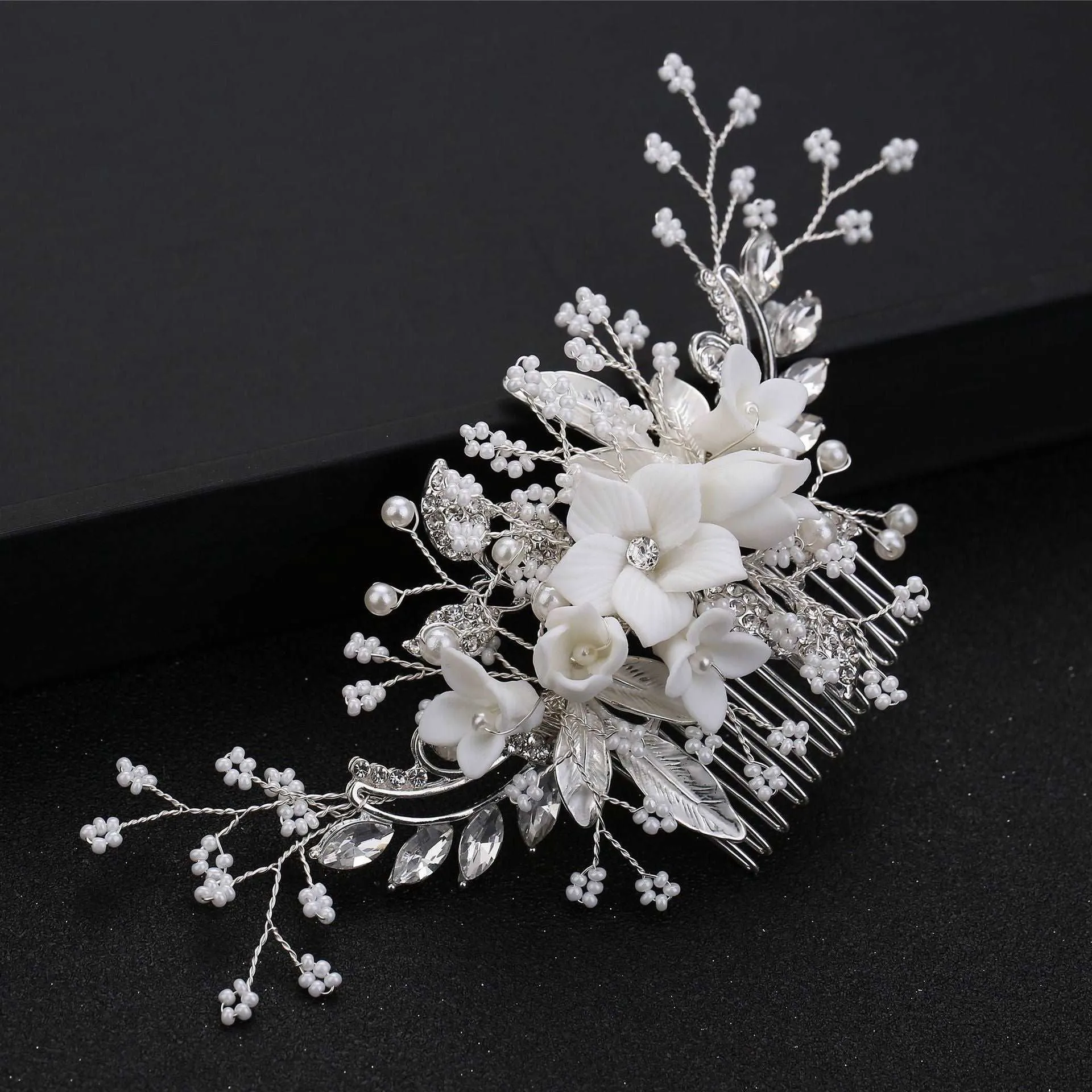 Clay Flower Crystal Bead Hair Comb, Pearl Leaf Bridal Hair Comb, Wedding Ceramic White Flower Hairpiece
