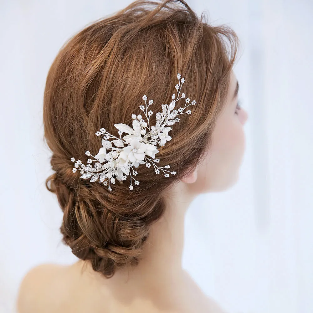 Clay Flower Crystal Bead Hair Comb, Pearl Leaf Bridal Hair Comb, Wedding Ceramic White Flower Hairpiece