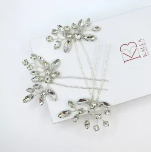 Clear Rhinestone Crystal 3 PC Hairpin Set, Bridal Wire Hair Pins, Wedding Crystal Hairpiece Set
