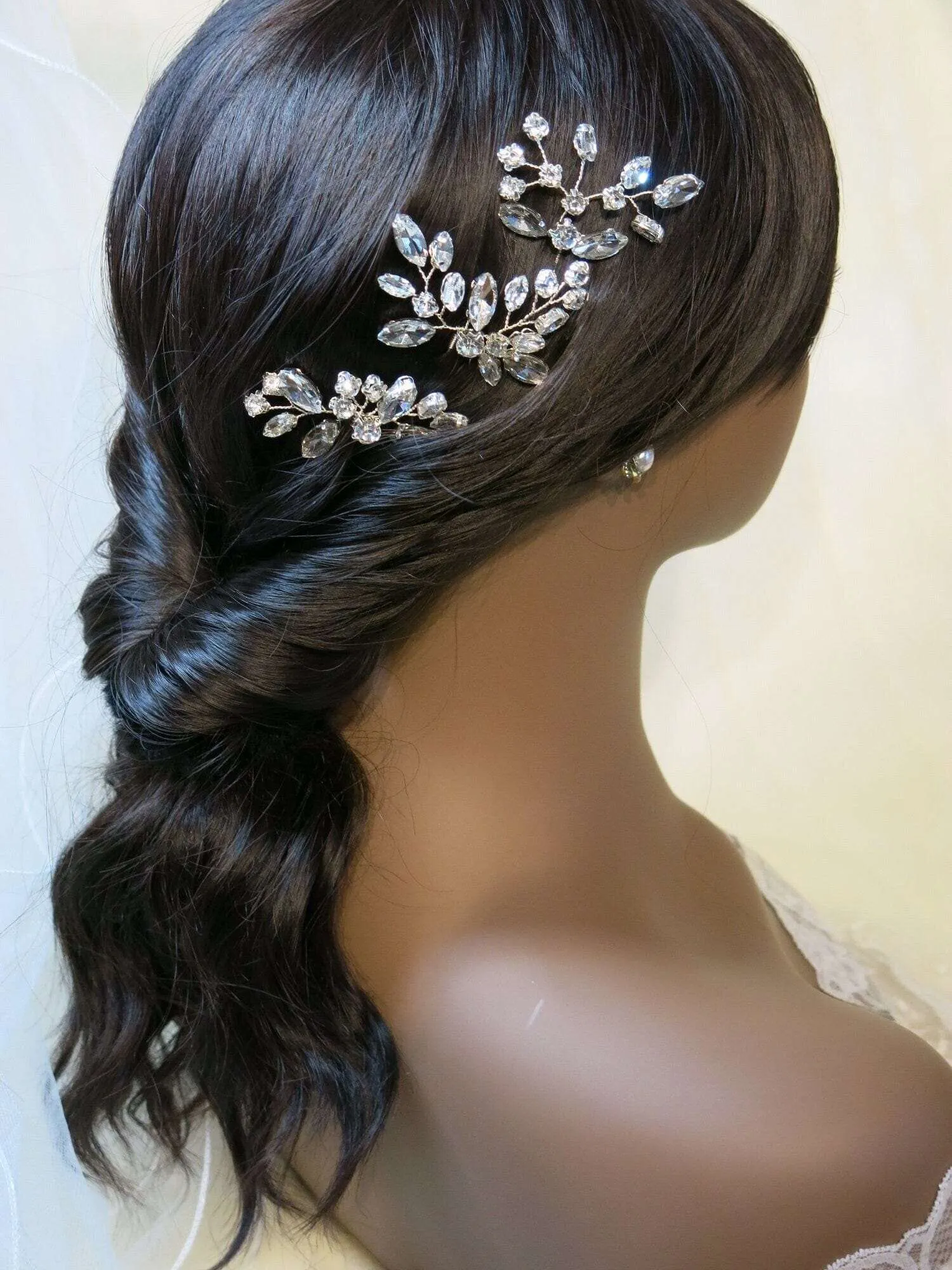 Clear Rhinestone Crystal 3 PC Hairpin Set, Bridal Wire Hair Pins, Wedding Crystal Hairpiece Set
