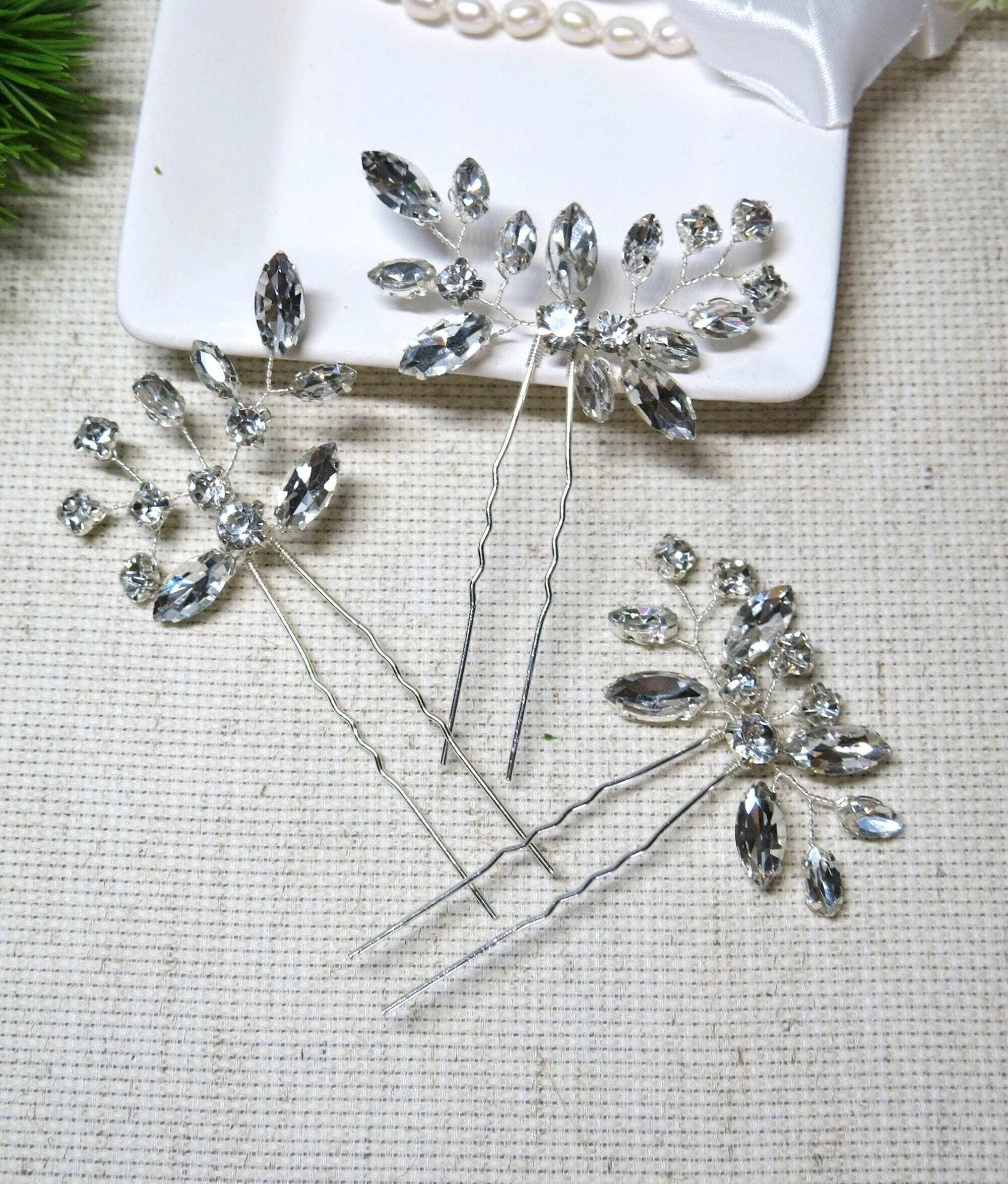 Clear Rhinestone Crystal 3 PC Hairpin Set, Bridal Wire Hair Pins, Wedding Crystal Hairpiece Set