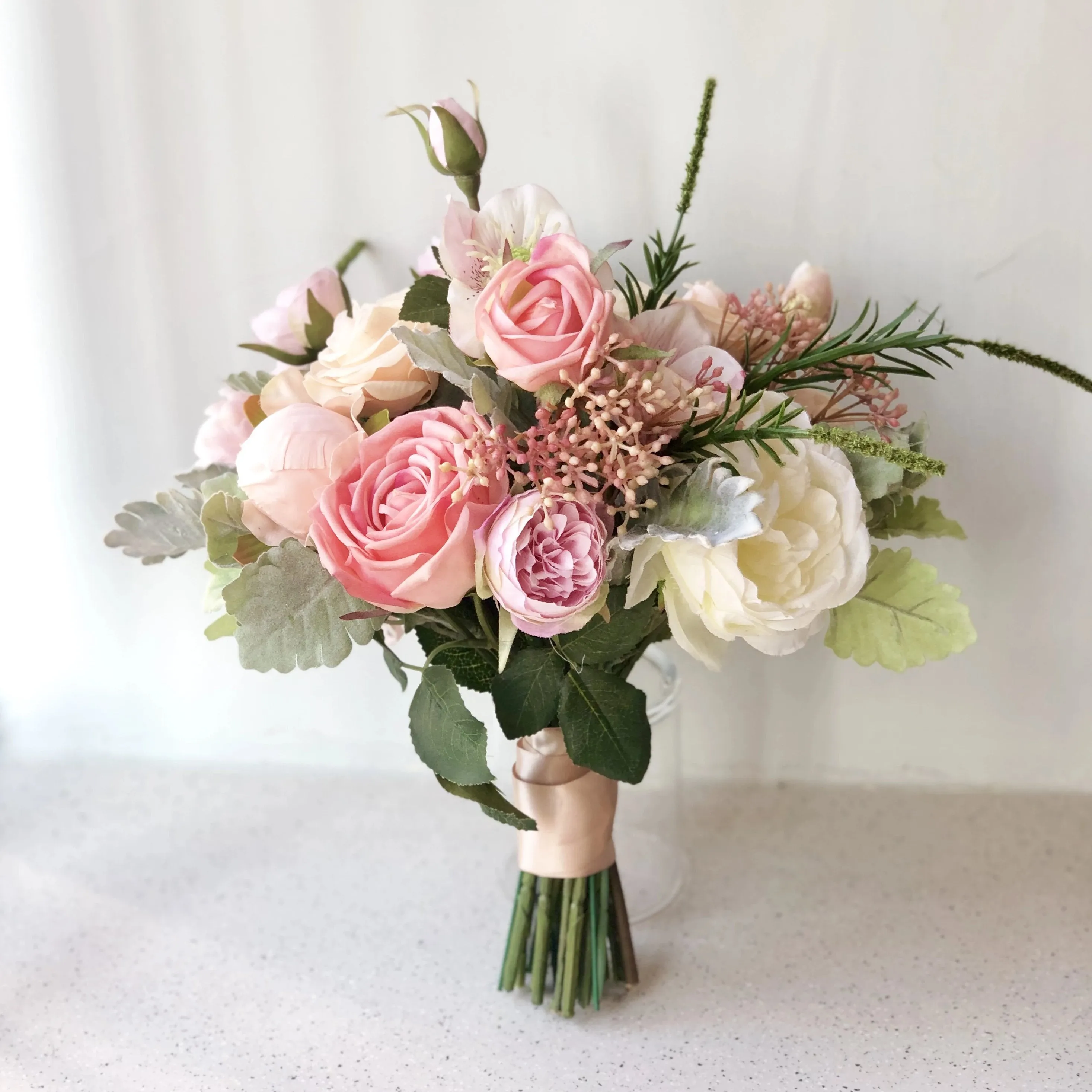 Coral and pink wedding bouquet, peony and English roses bridal banquet