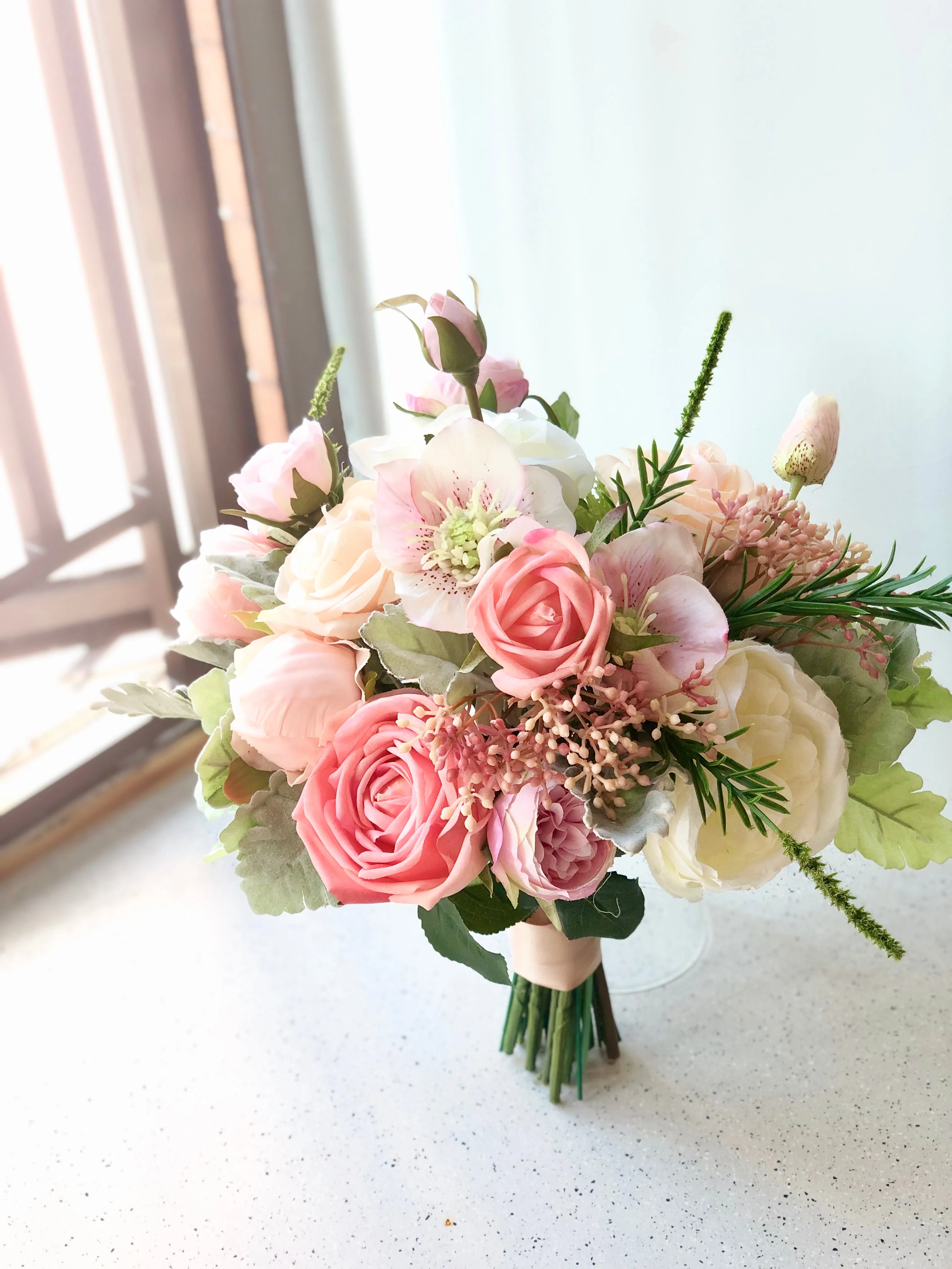 Coral and pink wedding bouquet, peony and English roses bridal banquet