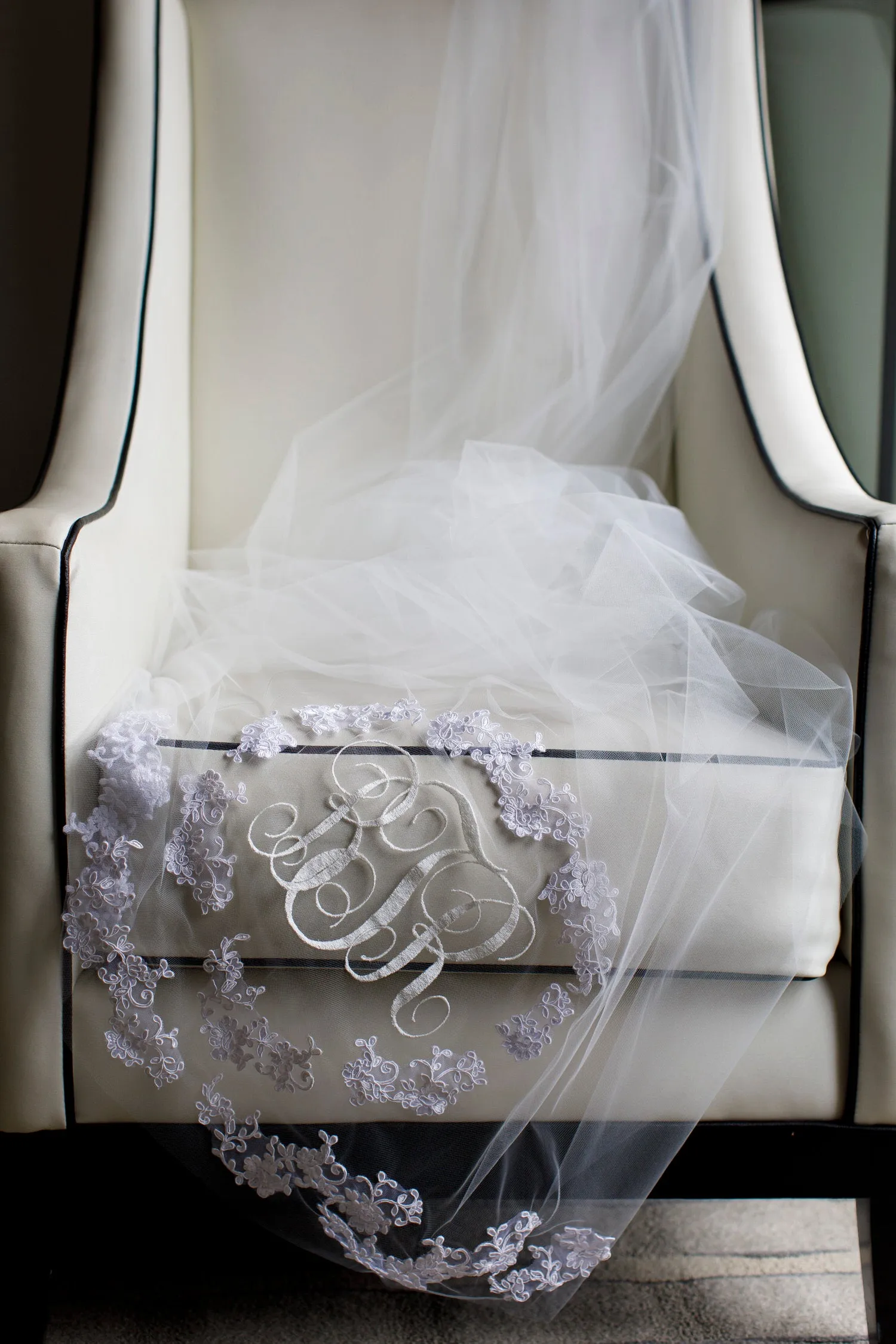 Custom Monogrammed Cathedral Veil with Interlocking Cursive Embroidered Initials
