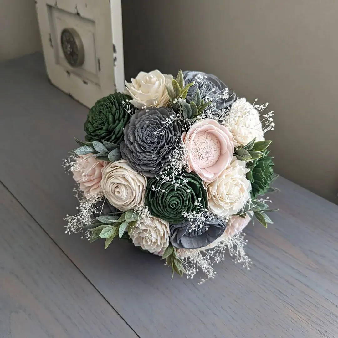Dark Green, Blush, Charcoal, and Ivory Bouquet with Baby's Breath and Greenery