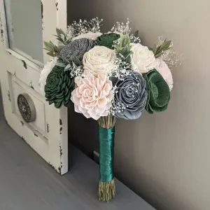 Dark Green, Blush, Charcoal, and Ivory Bouquet with Baby's Breath and Greenery
