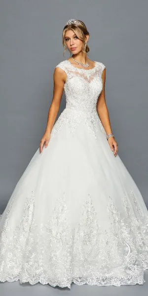 DeKlaire Bridal 456 Elegant Scoop Neck Cap Sleeve A-Line Chapel Train Wedding Gown
