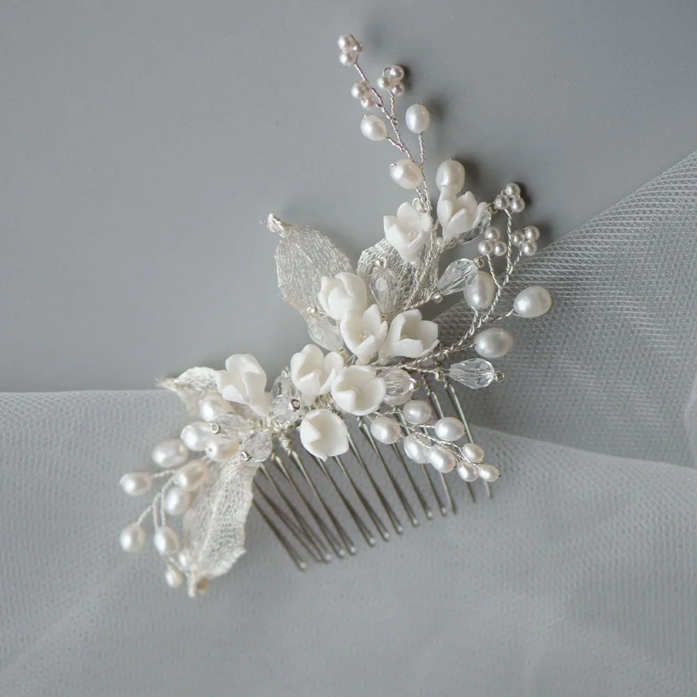Delicate Tulip Porcelain Flowers & Pearls Bridal Headpiece, Handmade Hair Comb