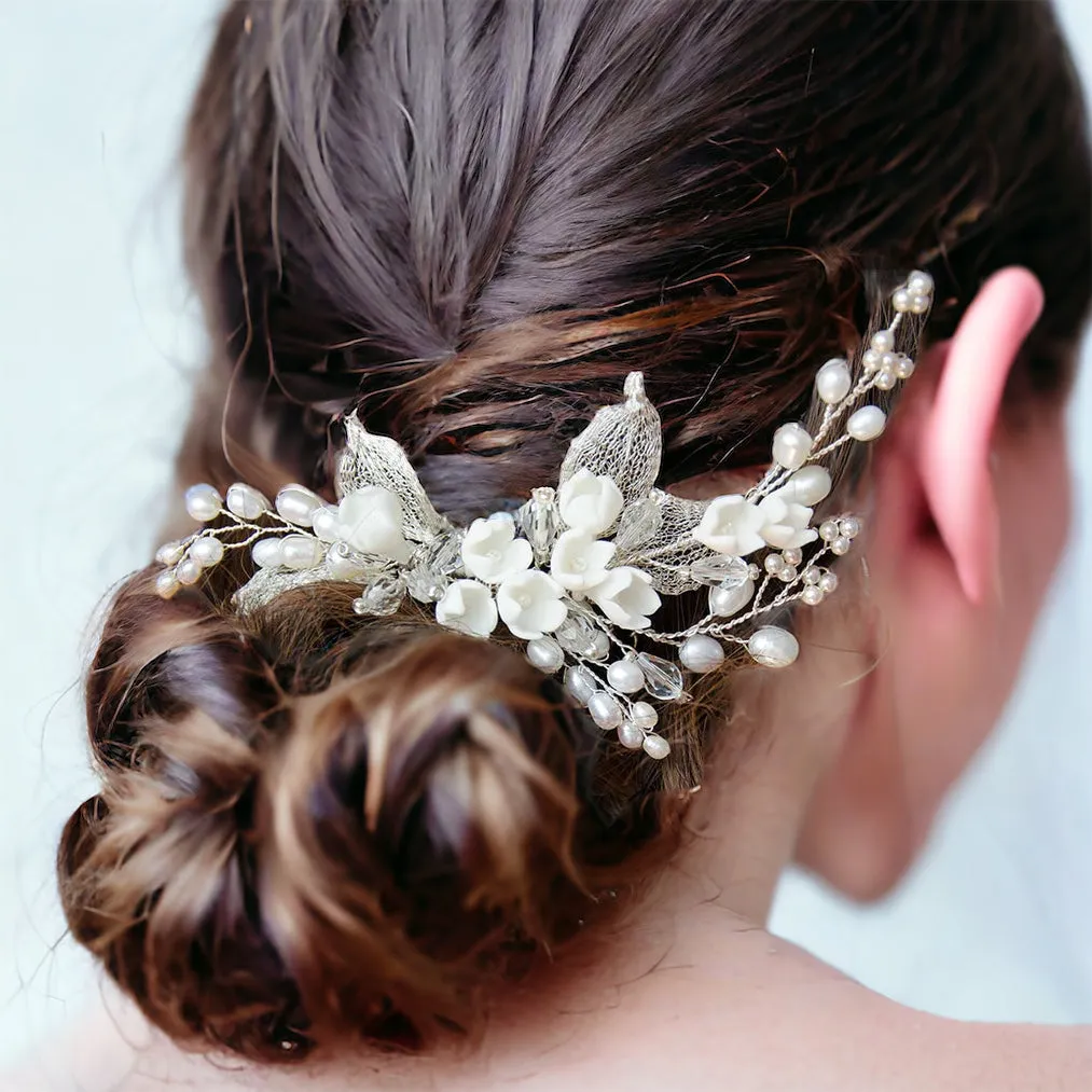Delicate Tulip Porcelain Flowers & Pearls Bridal Headpiece, Handmade Hair Comb