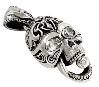 Diamond Eyes Rider Skull Sterling Silver Pendant