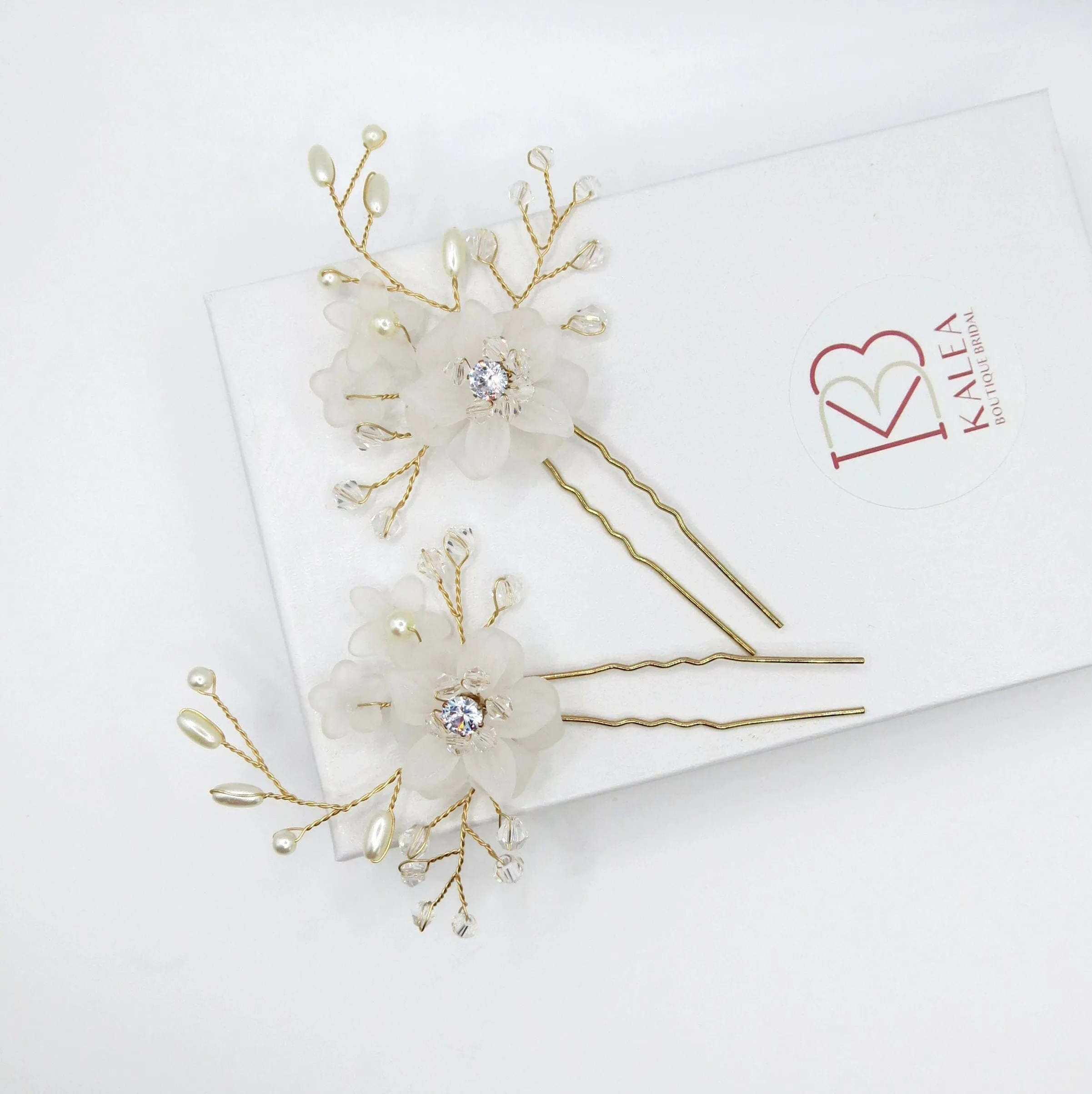 Double Flower Crystal 2 PC Hairpin Set, Bridal Pearl Flower Hair Pins, Wedding Pearl Floral Hair Pin Set