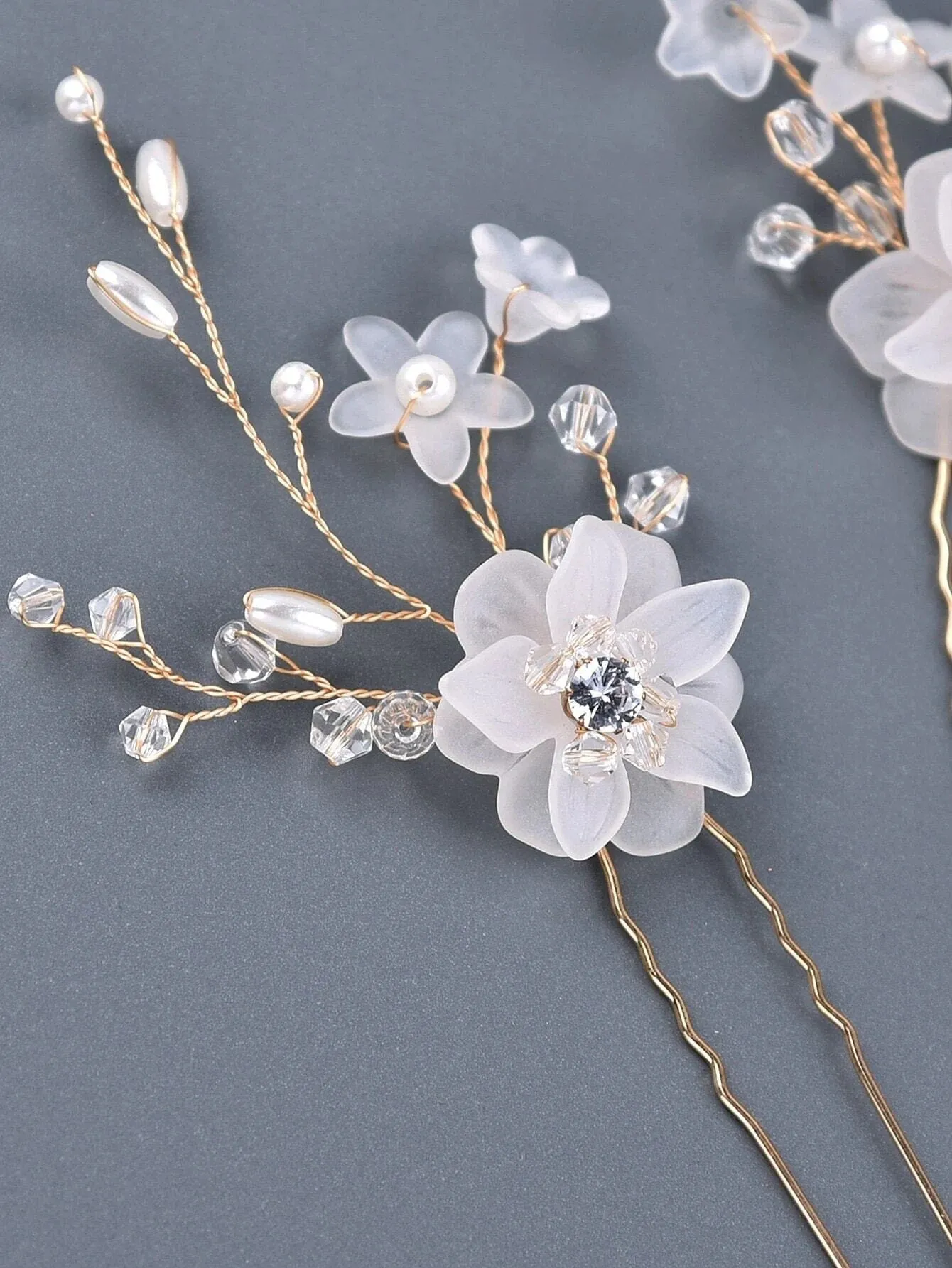 Double Flower Crystal 2 PC Hairpin Set, Bridal Pearl Flower Hair Pins, Wedding Pearl Floral Hair Pin Set