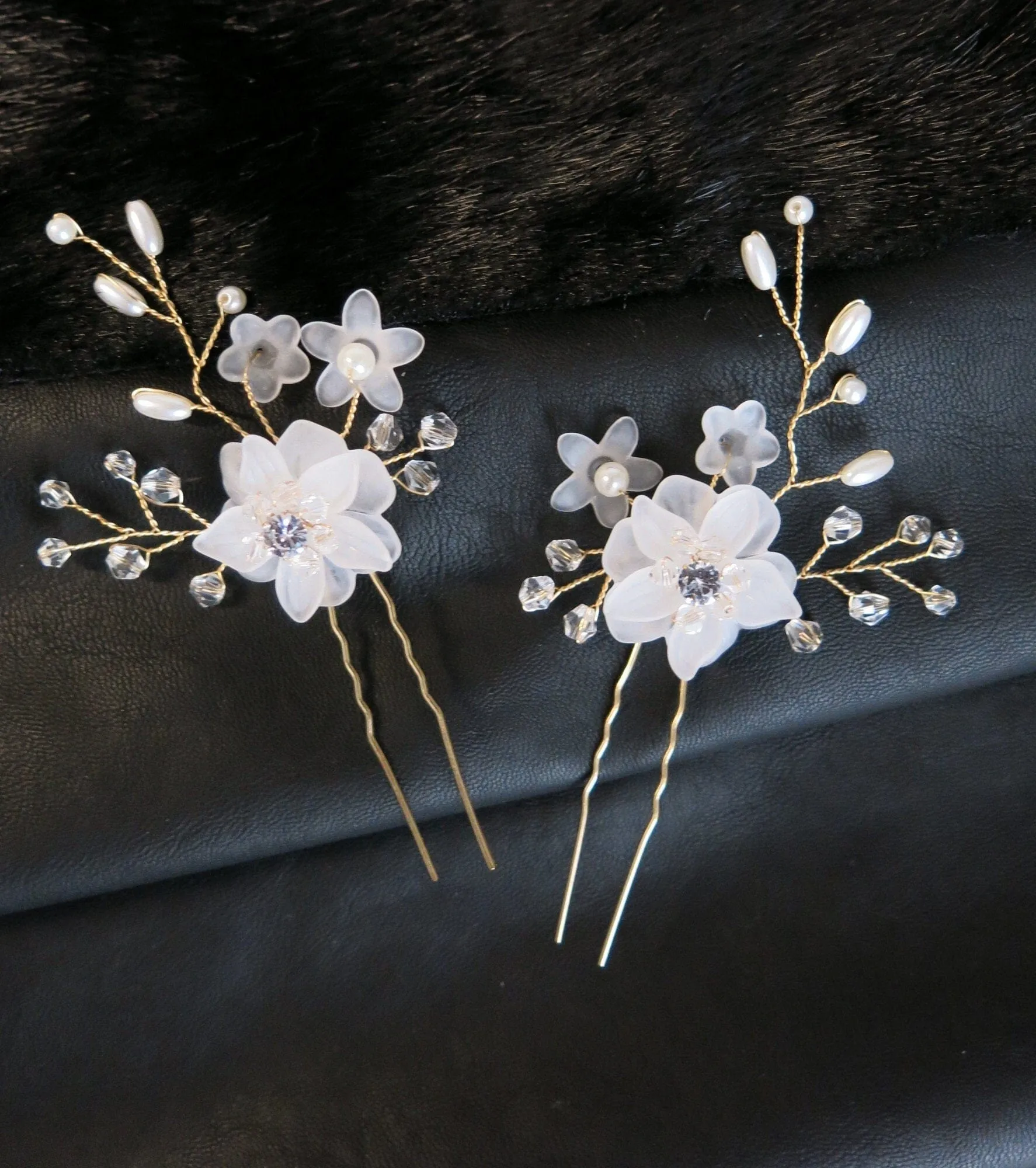 Double Flower Crystal 2 PC Hairpin Set, Bridal Pearl Flower Hair Pins, Wedding Pearl Floral Hair Pin Set