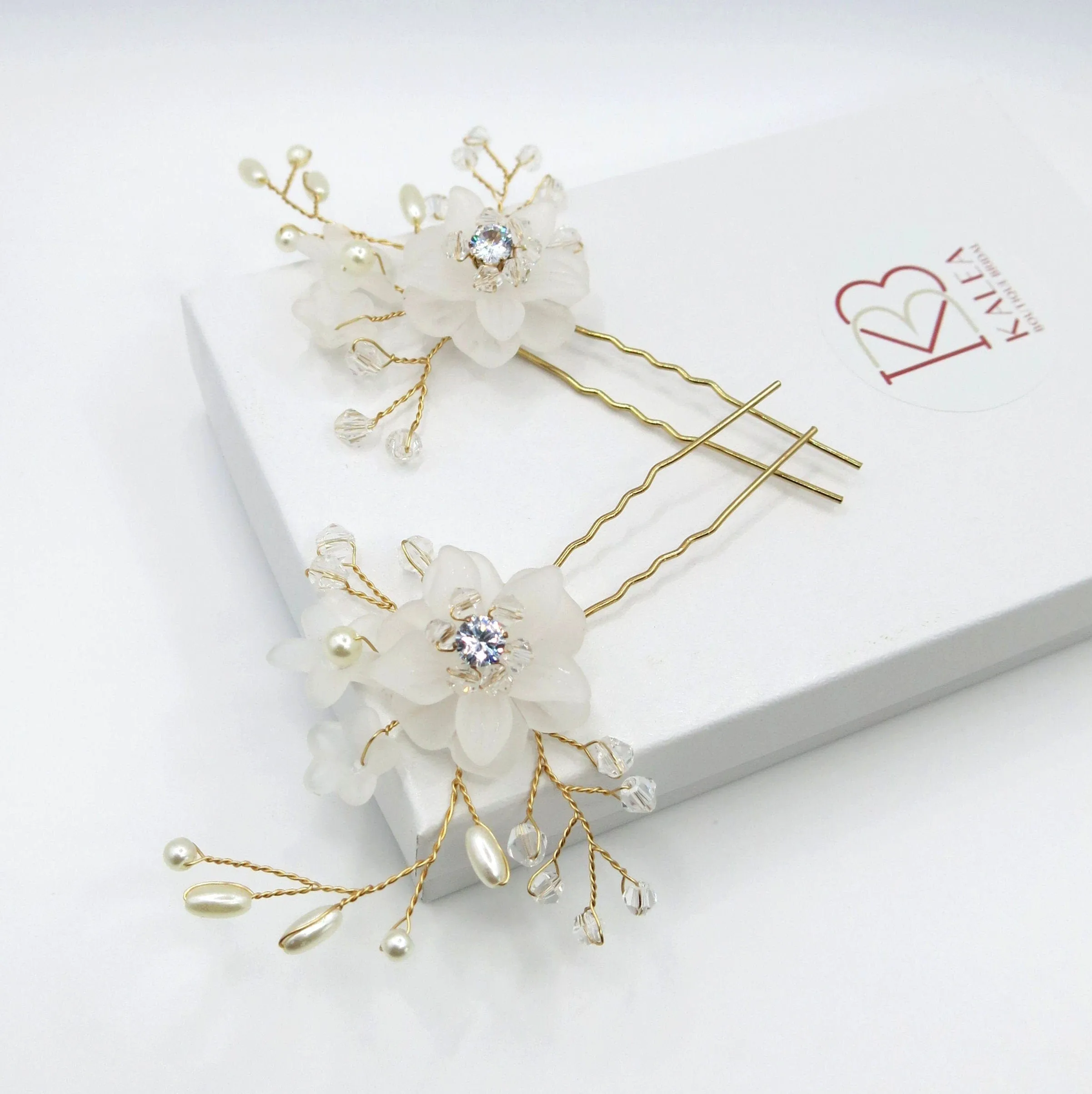 Double Flower Crystal 2 PC Hairpin Set, Bridal Pearl Flower Hair Pins, Wedding Pearl Floral Hair Pin Set