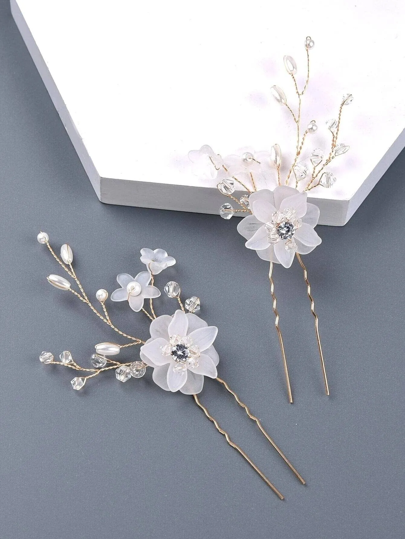 Double Flower Crystal 2 PC Hairpin Set, Bridal Pearl Flower Hair Pins, Wedding Pearl Floral Hair Pin Set