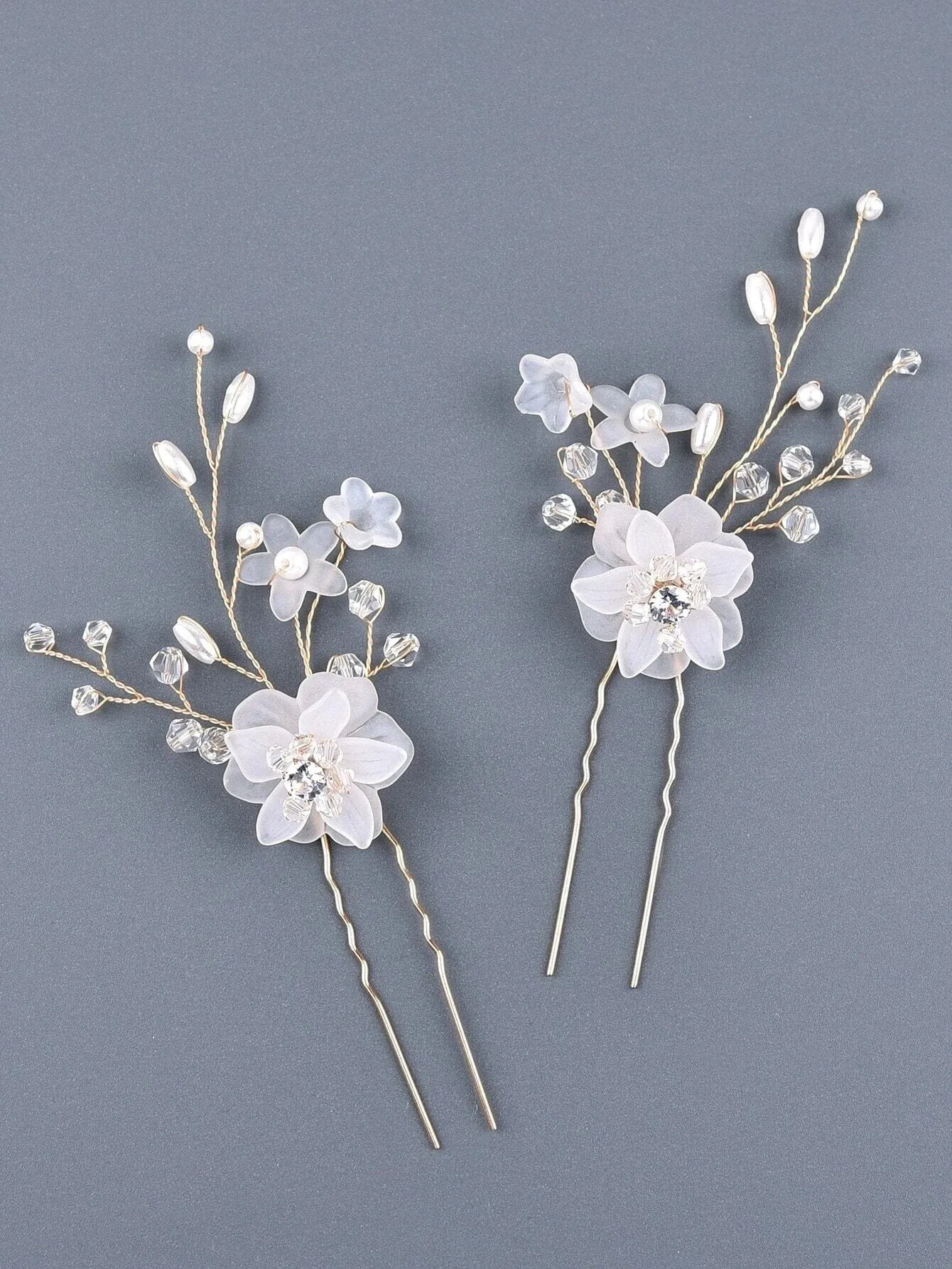 Double Flower Crystal 2 PC Hairpin Set, Bridal Pearl Flower Hair Pins, Wedding Pearl Floral Hair Pin Set