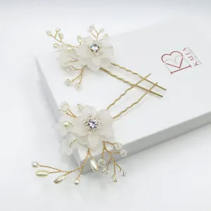 Double Flower Crystal 2 PC Hairpin Set, Bridal Pearl Flower Hair Pins, Wedding Pearl Floral Hair Pin Set