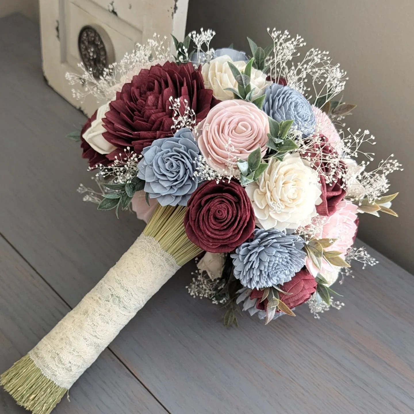 Dusty Blue, Burgundy, Blush, and Ivory Bouquet with Baby's Breath and Greenery