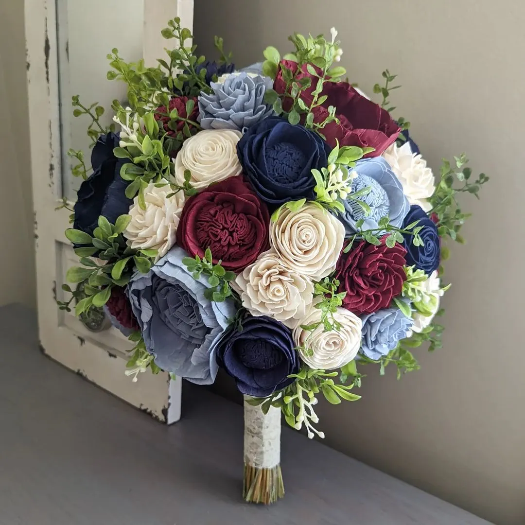 Dusty Blue, Burgundy, Navy, and Ivory Bouquet with Mixed Greenery