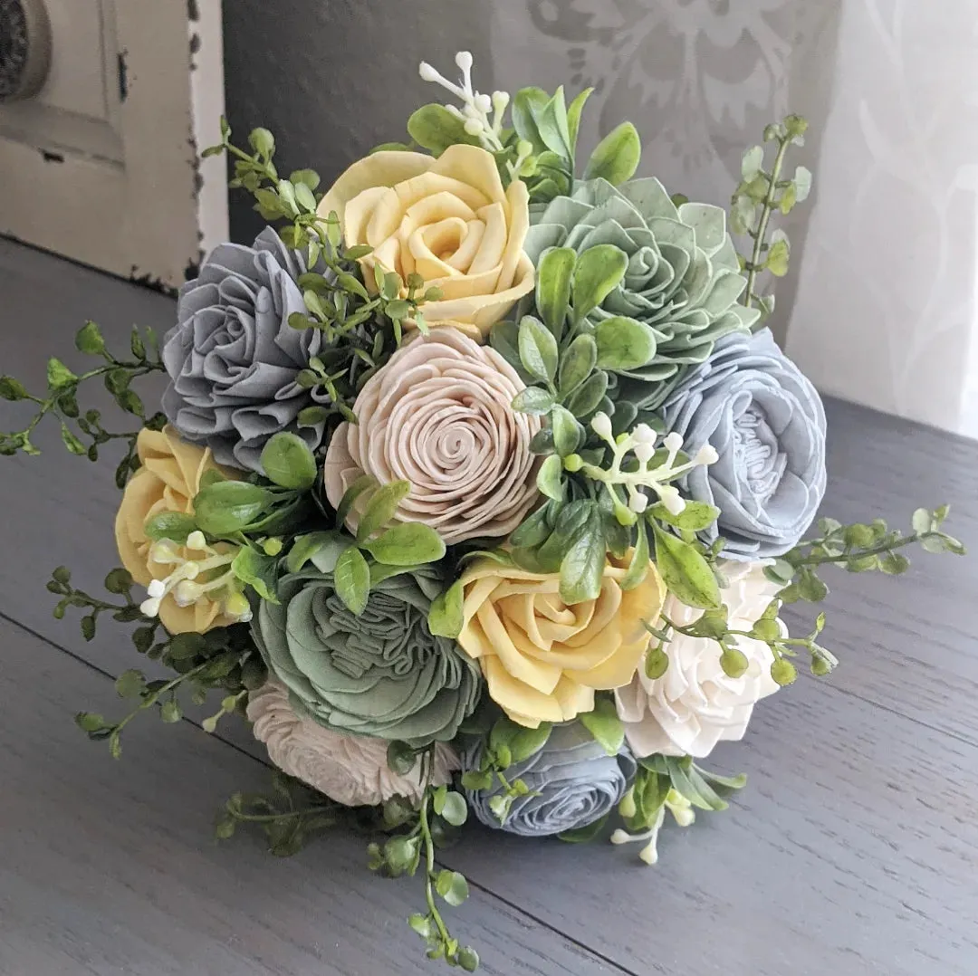 Dusty Blue, Light Yellow, Sage, and Ivory Bouquet with Mixed Greenery
