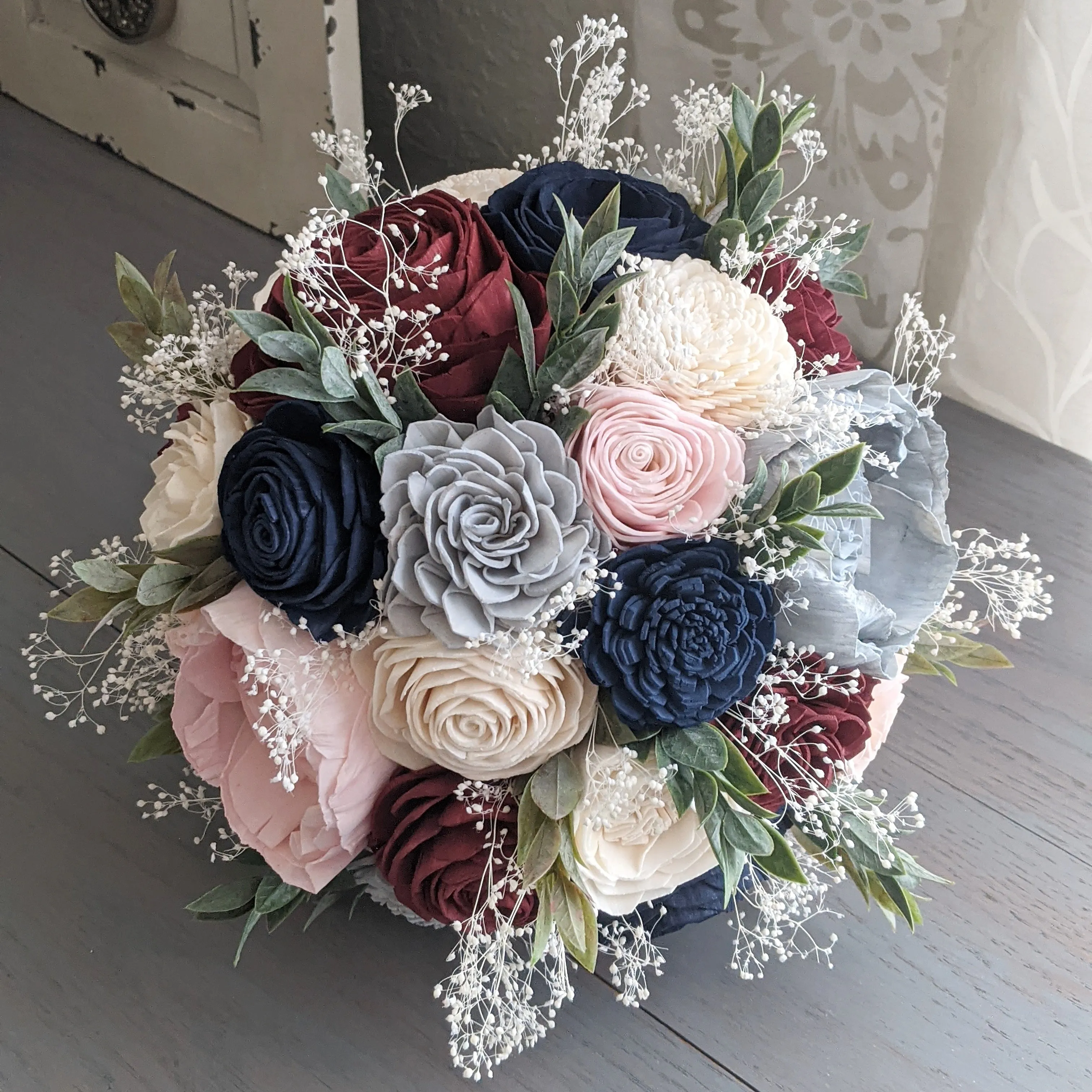 Dusty Blue, Navy, Burgundy, Blush, and Ivory Bouquet with Baby's Breath and Greenery