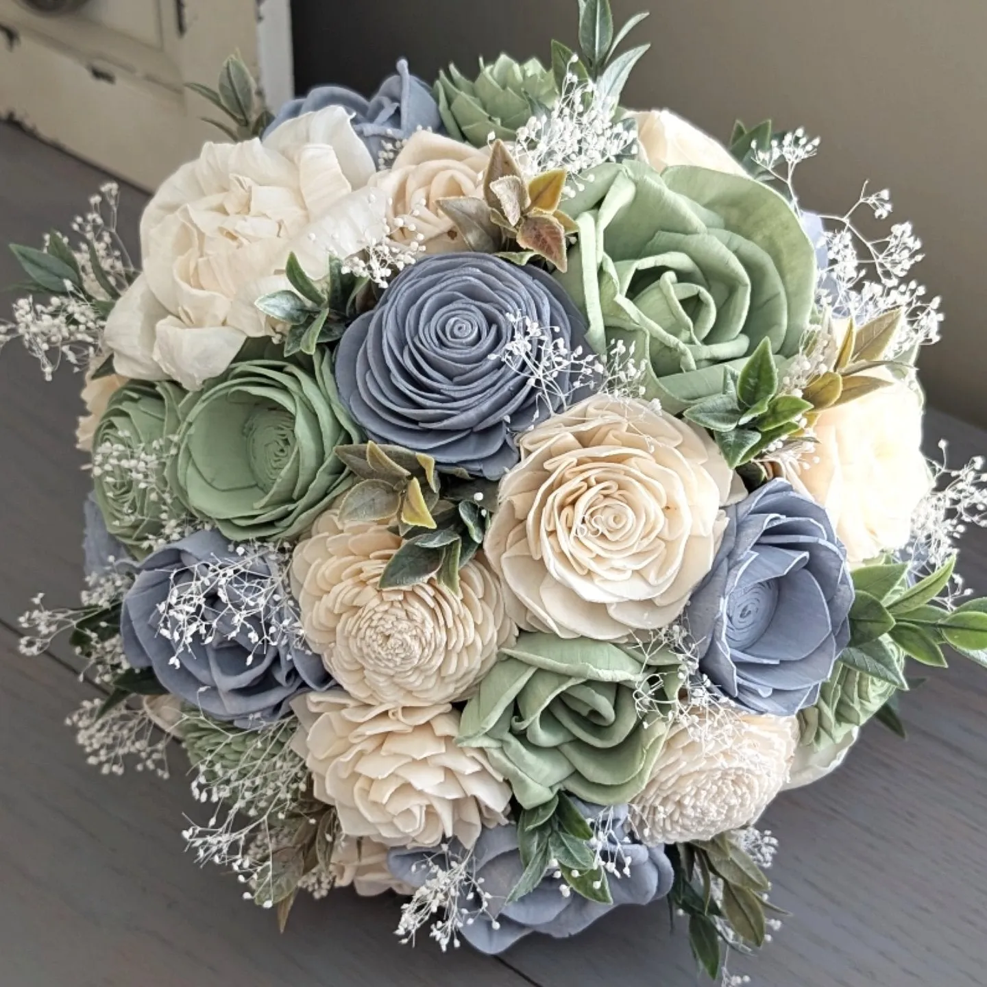 Dusty Blue, Sage, and Ivory Bouquet with Baby's Breath and Greenery