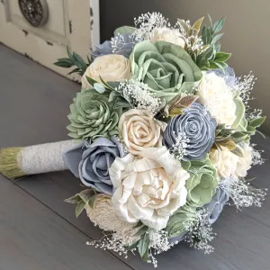 Dusty Blue, Sage, and Ivory Bouquet with Baby's Breath and Greenery