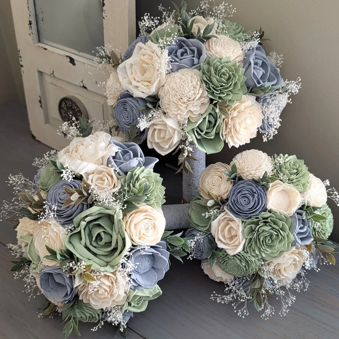 Dusty Blue, Sage, and Ivory Bouquet with Baby's Breath and Greenery