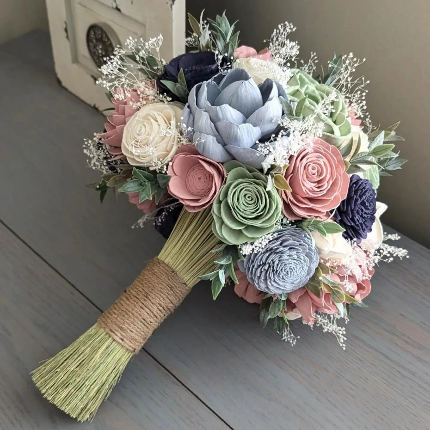 Dusty Blue, Sage, Dusty Rose, Navy, and Ivory Bouquet with Baby's Breath and Greenery