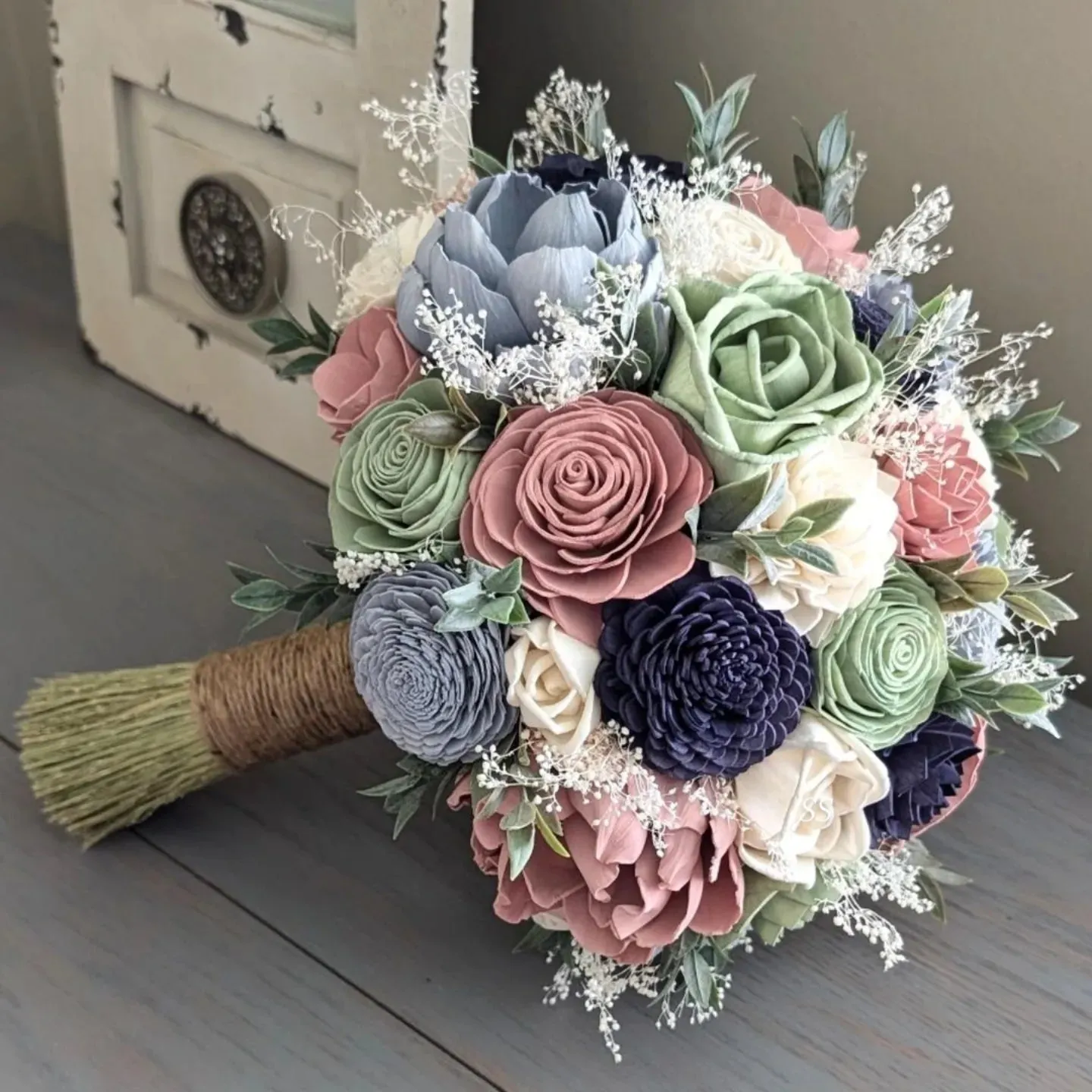 Dusty Blue, Sage, Dusty Rose, Navy, and Ivory Bouquet with Baby's Breath and Greenery