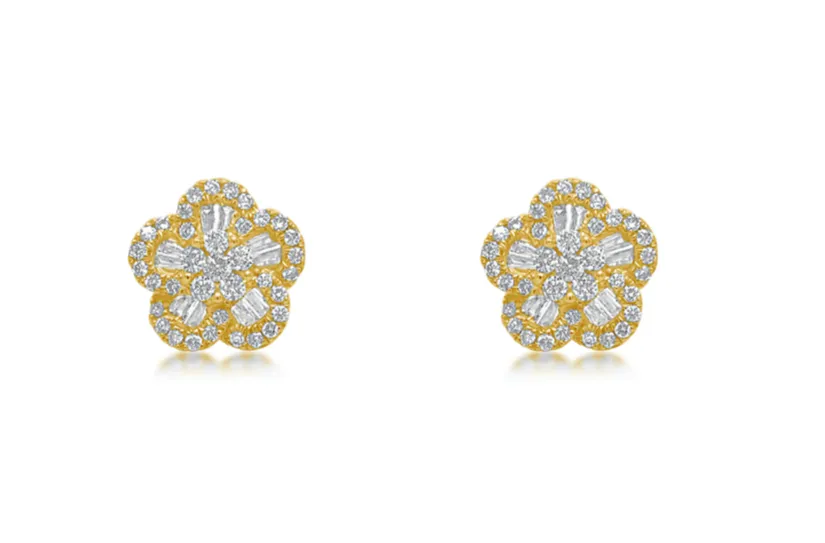 Earrings 18kt Yellow Gold Flowers Baguette & Round Diamonds