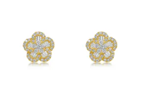 Earrings 18kt Yellow Gold Flowers Baguette & Round Diamonds
