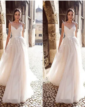 Elegant 2019 Lace Tulle Beach Wedding Dresses Spaghetti Straps Tulle Ruffles A-line Bridal Gowns