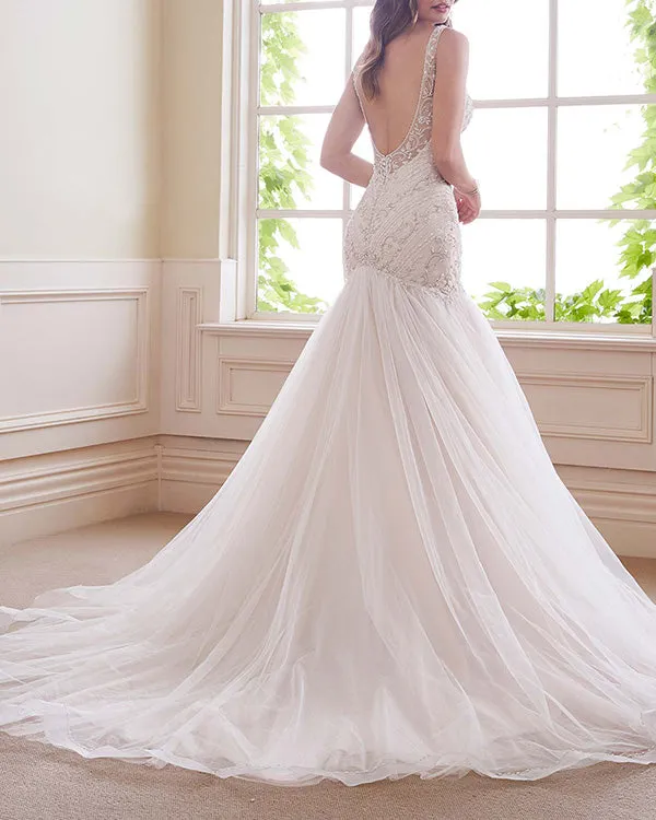 Elegant 2019 Mermaid Wedding Dresses V-Neck Beaded Tulle Sexy Bridal Wedding Gown