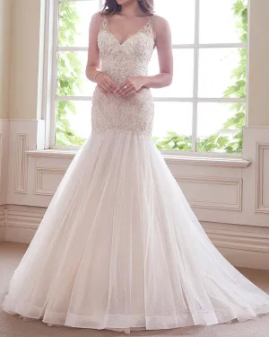 Elegant 2019 Mermaid Wedding Dresses V-Neck Beaded Tulle Sexy Bridal Wedding Gown
