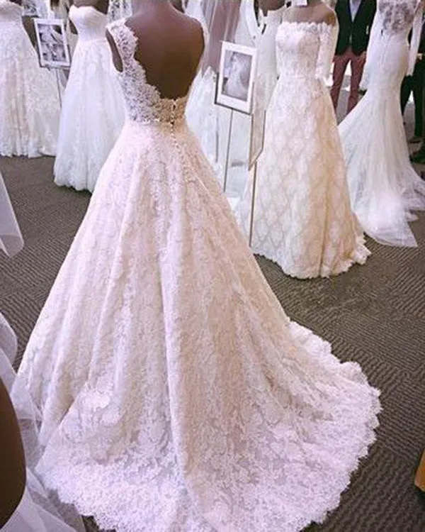 Elegant A line Lace Wedding Dresses Scoop Neckline Sweep Train Bridal Gowns
