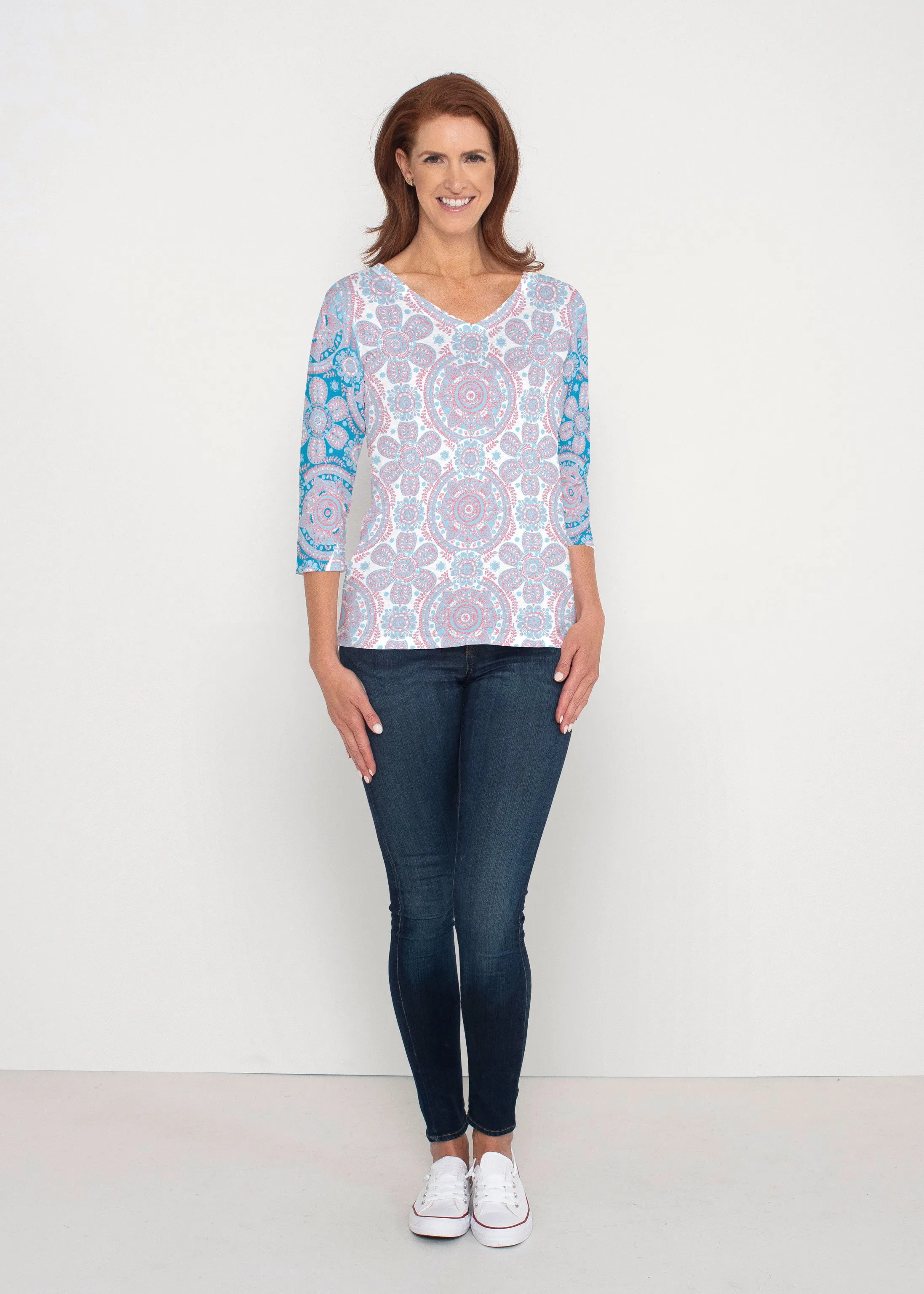 Etched Mod Blue (8033) ~ Signature 3/4 Sleeve V-Neck Top
