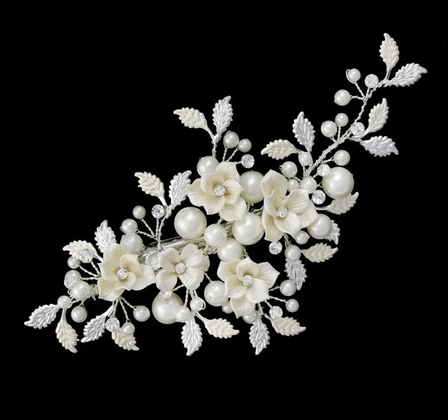 Evie - Flower, Leaf and Pearl Hair Clip