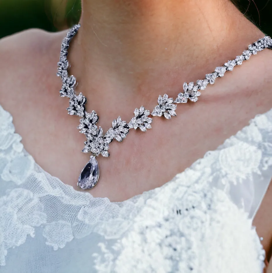 Exquisite Leaf & Flora Bridal Jewellery Set, Cubic Zirconia Necklace and Earrings Set